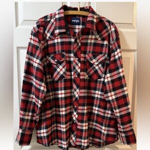 Wrangler Red and Black Plaid Shirt Pearl Snap Mens XXL Heavy Flannel